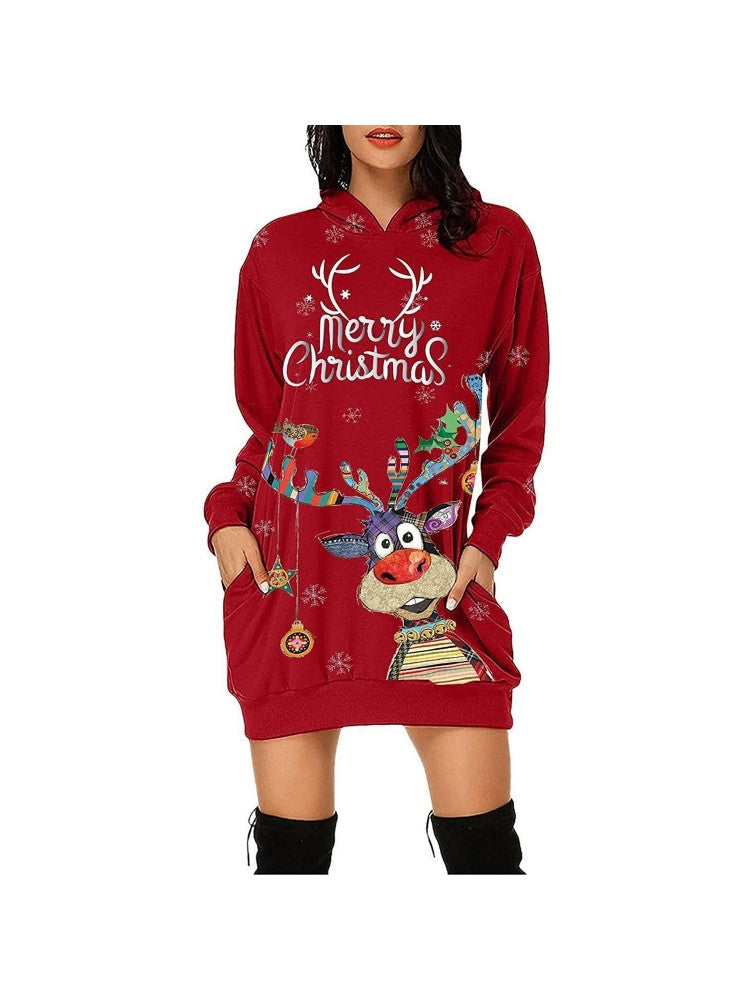 Fall Christmas Elk Print Hooded Long Sleeve Dress OT174
