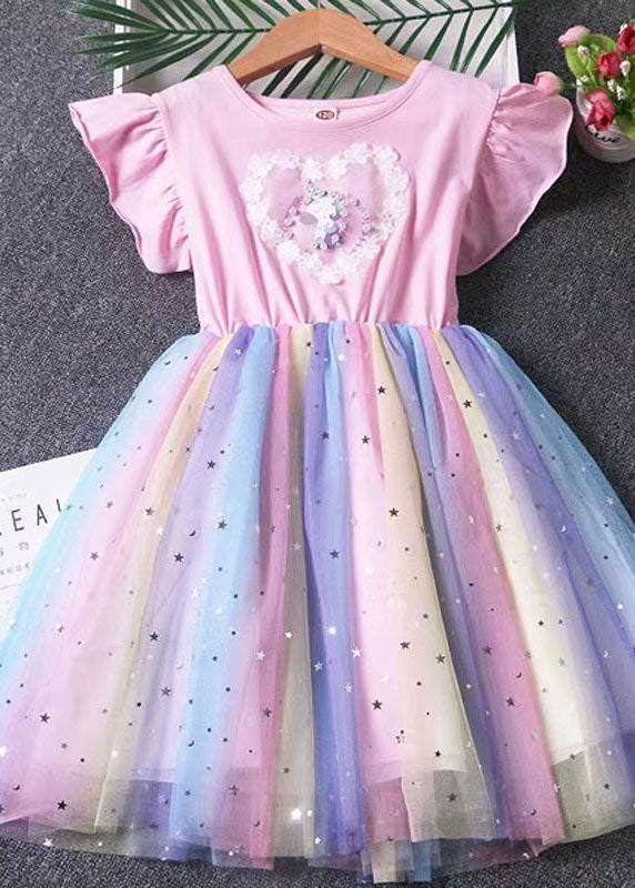 Pink Patchwork Tulle Baby Girls Dress Pony Sequins Wrinkled Summer GR040