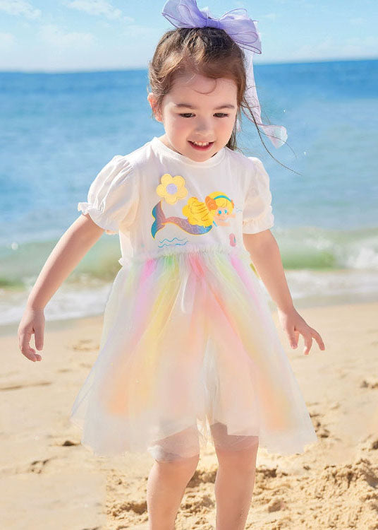 Simple White Ruffled Cartoon Print Patchwork Tulle Kids Girls Dresses Summer GR028
