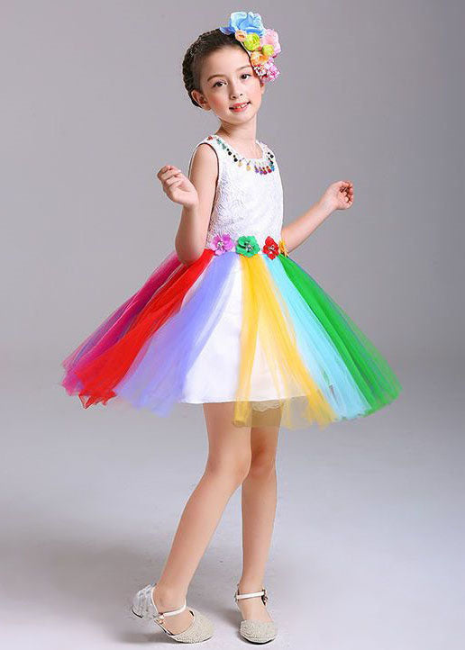 Style Rainbow O Neck Floral Patchwork Tulle Kids Girls Dresses Sleeveless GR016