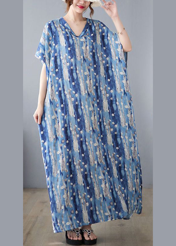 Stylish Blue Oversized Print Linen Holiday Dress Summer