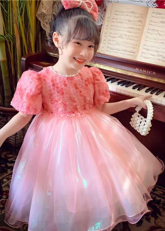 Stylish Pink O-Neck Nail Bead Patchwork Tulle Baby Girls Dresses Summer GR030