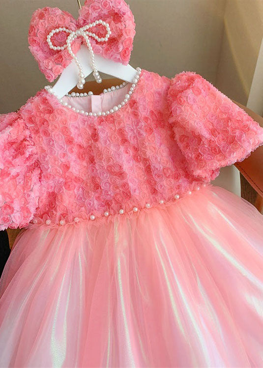 Stylish Pink O-Neck Nail Bead Patchwork Tulle Baby Girls Dresses Summer GR030