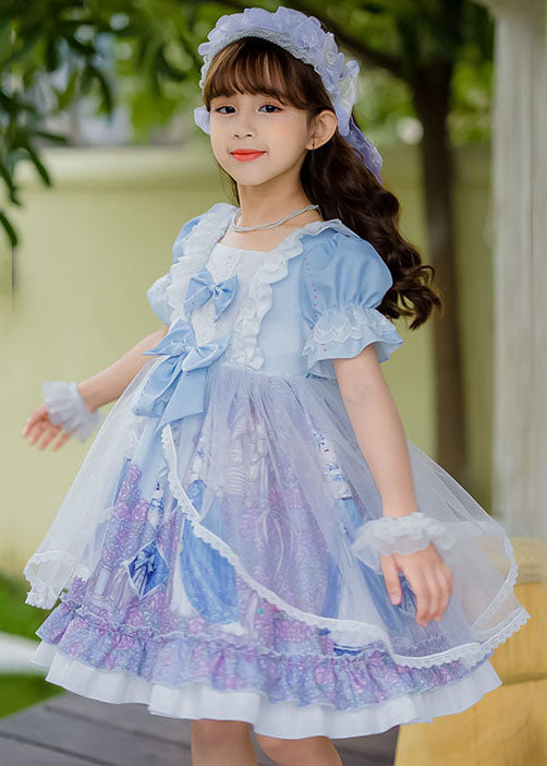 Sweet Pink Ruffled Bow Character Patchwork Tulle Kids Girls Princess Dress Summer GR026