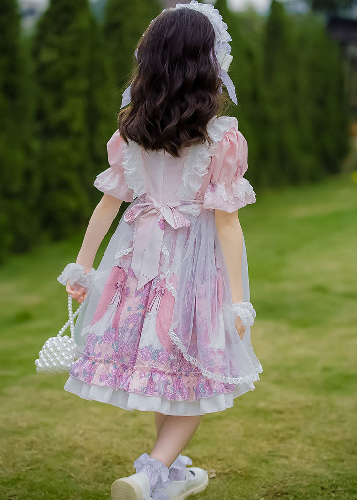 Sweet Pink Ruffled Bow Character Patchwork Tulle Kids Girls Princess Dress Summer GR026