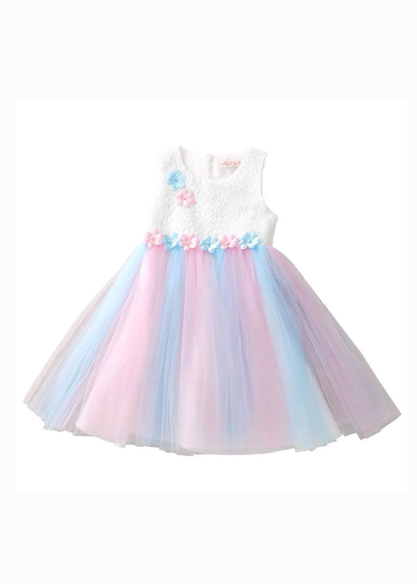 Sweet White Floral Wrinkled Patchwork Tulle Baby Girls Princess Dress Sleeveless GR033