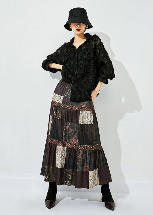 Women Brown Print Patchwork Wrinkled Silk Skirts Summer LY0855