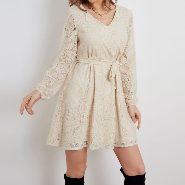 Long-Sleeve Lace Mini A-Line Dress vb66