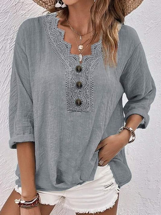 Casual Buttoned V Neck Lace Loose Shirt  WS69