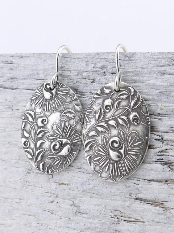 Vintage Silver Ethnic Floral Embossed Earrings Casual Women's Jewelry MMi53
