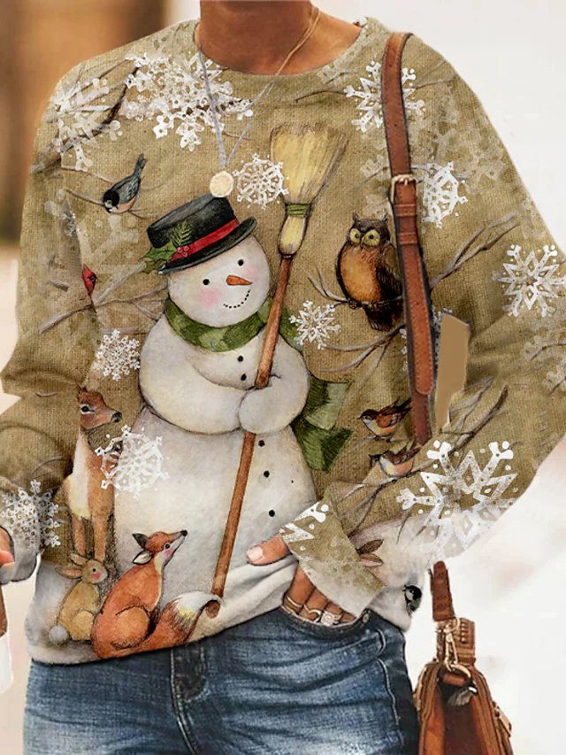 Women's Sweatshirt Christmas Snowman Printed Crew Neck Regular Fit PJ53
