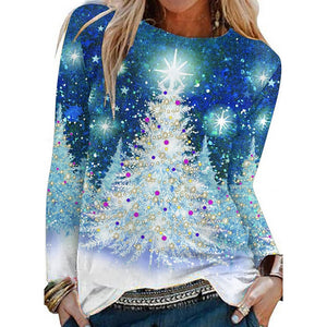 Women's T shirt Tee Blue Graphic Christmas Tree Print Long Sleeve Weekend Basic Round Neck Regular Regular Fit Floral Painting S PC85