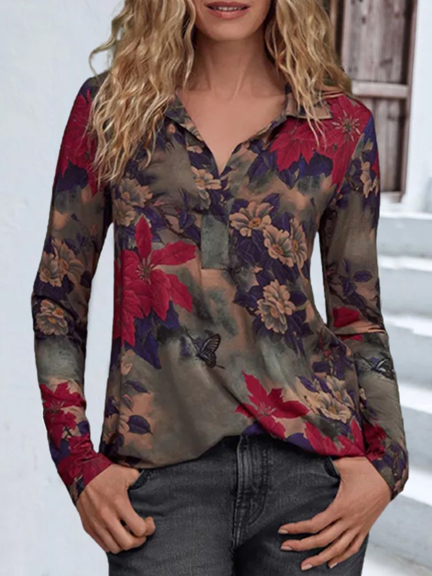 Floral Shawl Collar Loose Casual Top AW10046