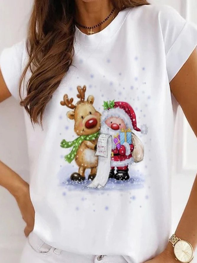 Women Christmas Animal Loosen Crew Neck Cotton Blends Short Sleeve T-Shirt PJ33