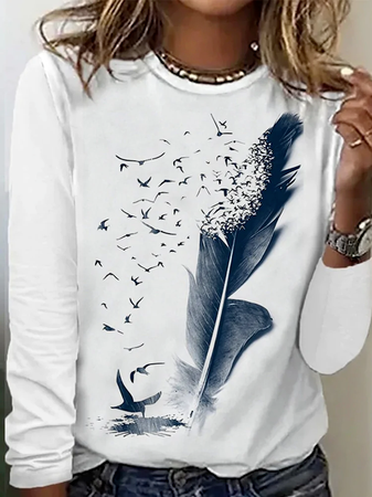 Loose Feather Pattern Casual T-Shirt TE100037