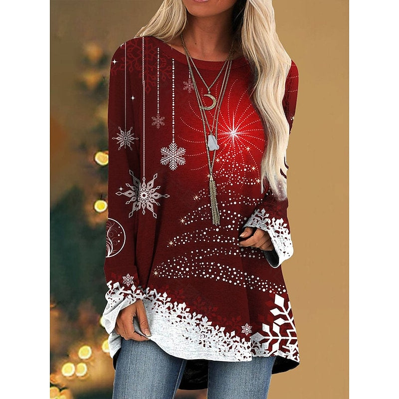 Women's T shirt Tee Wine Red Navy Blue Christmas Tree Snowflake Print Long Sleeve Christmas Weekend Basic Christmas Round Neck Long Painting S PC114