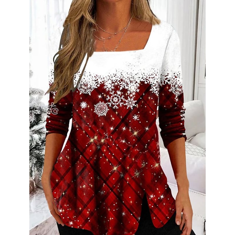 Women's T shirt Tee Red Plaid Snowflake Flowing tunic Print Long Sleeve Christmas Weekend Basic Christmas Square Neck Regular Painting S PC108