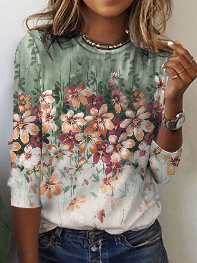 Casual Loose Crew Neck Floral T-Shirt PH6