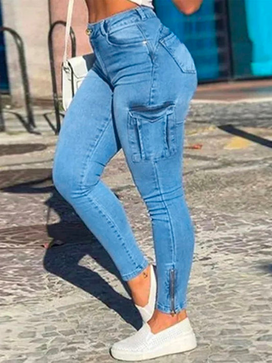 High-Elactic Tight Casual Plain Flap Pocket Zipper Side Skinny Jeans UU49