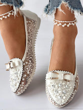 Load image into Gallery viewer, Elegant Applique Bowknot Decor Lace Split Joint Flat Shoes AD538
