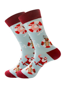 Christmas Cotton Jacquard Santa, Elk, Snowflake Pattern Socks, Festive Matching Red Socks PJ8