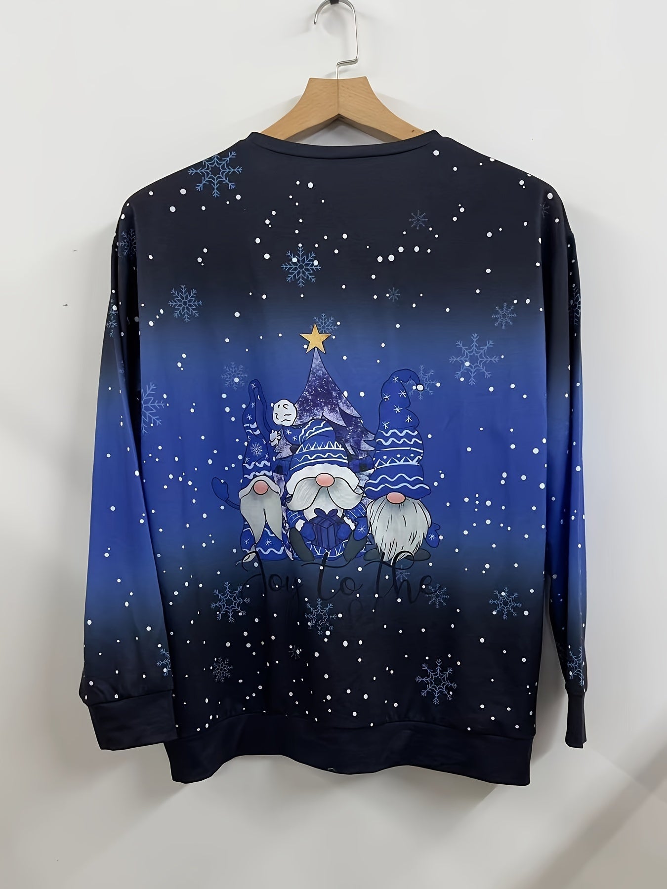 Plus Size Christmas Casual Sweatshirt, Women's Plus Snowflake & Gnomes Print Long Sleeve Round Neck Medium Stretch Pullover Top Ada Fashion