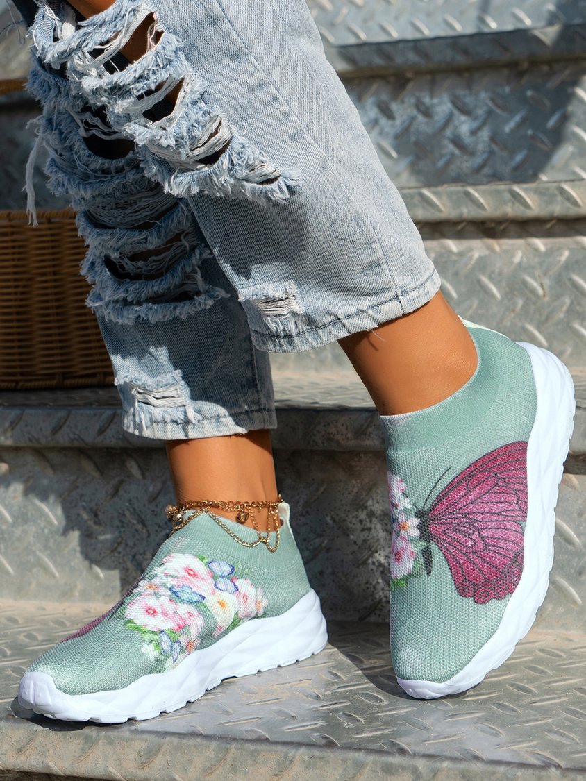Butterfly Floral Printed Slip On Sports Flyknit Sneakers CN99