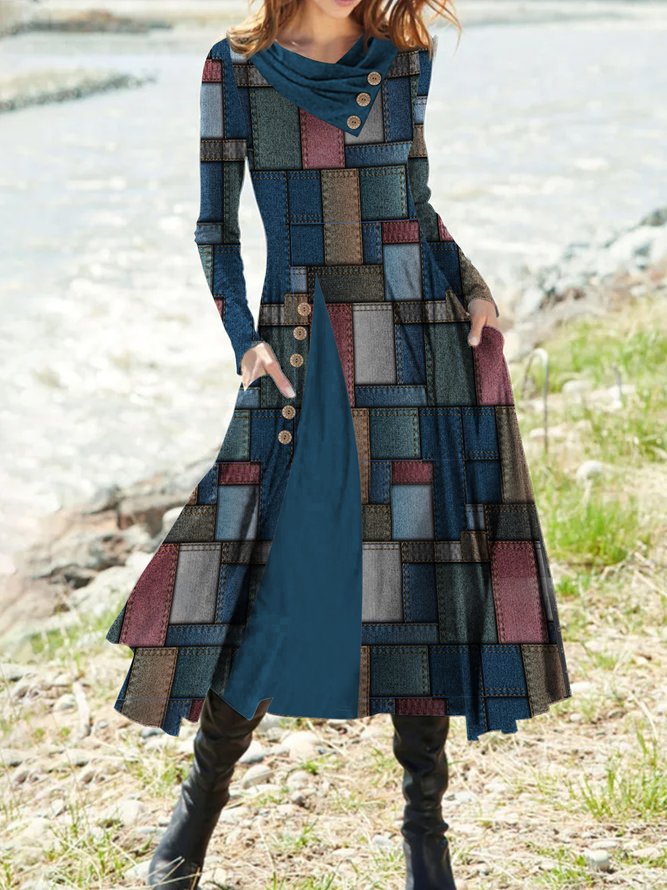 Casual Buttoned Wool/Knitting Asymmetrical Dress PI48