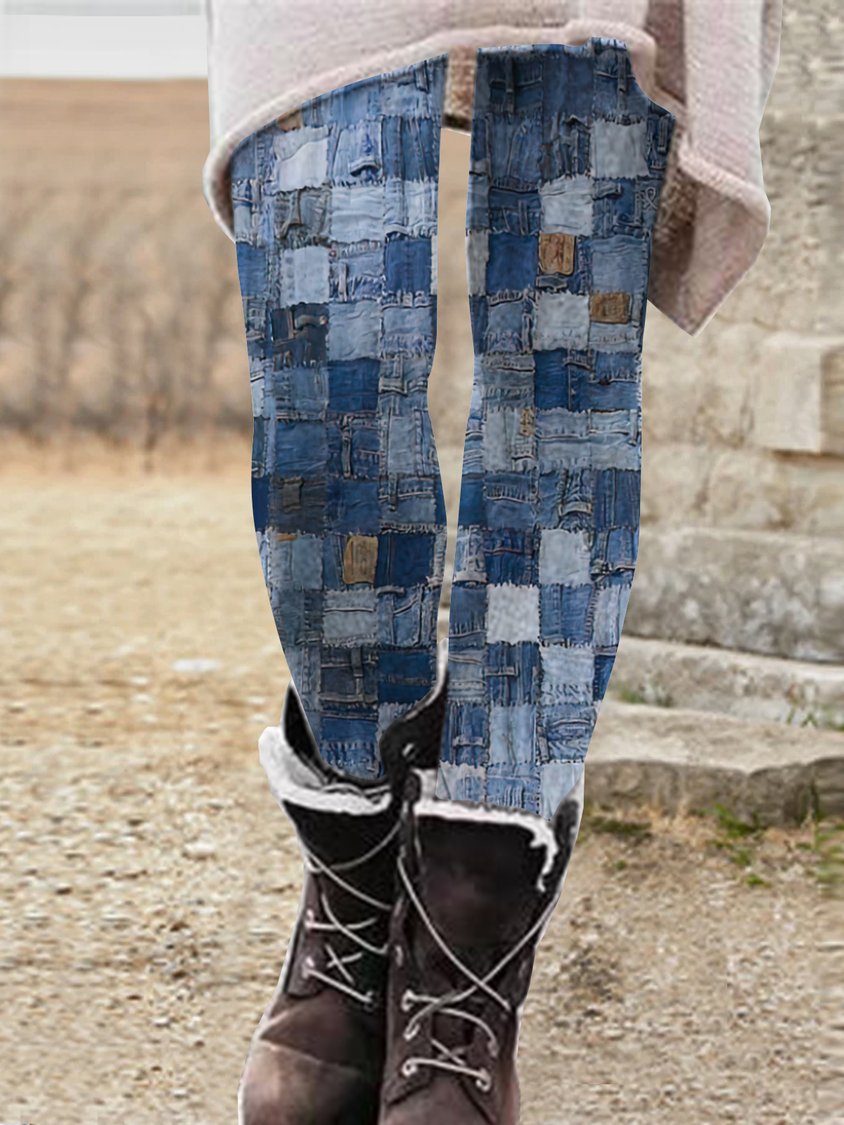 Denim-paneled printed stretch leggings BB63