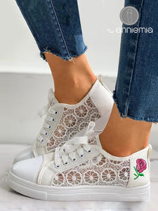 Breathable Mesh Rose Embroidery Lace-Up Canvas Shoes CN60