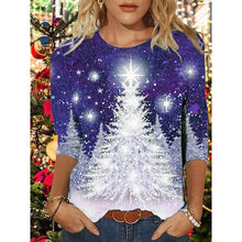 Load image into Gallery viewer, Women&#39;s T shirt Tee Green Black Blue Christmas Tree Print Long Sleeve Christmas Weekend Basic Round Neck Regular Floral Painting S PC105

