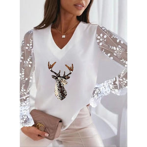 Women's T shirt Tee Maroon Silver Peach Graphic Reindeer Patchwork Lace Trims Long Sleeve Christmas Casual Christmas V Neck Regular S PC74