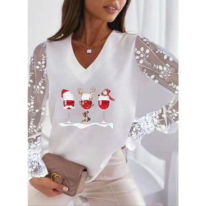Women's T shirt Tee Maroon Silver Peach Graphic Reindeer Patchwork Lace Trims Long Sleeve Christmas Casual Christmas V Neck Regular S PC74