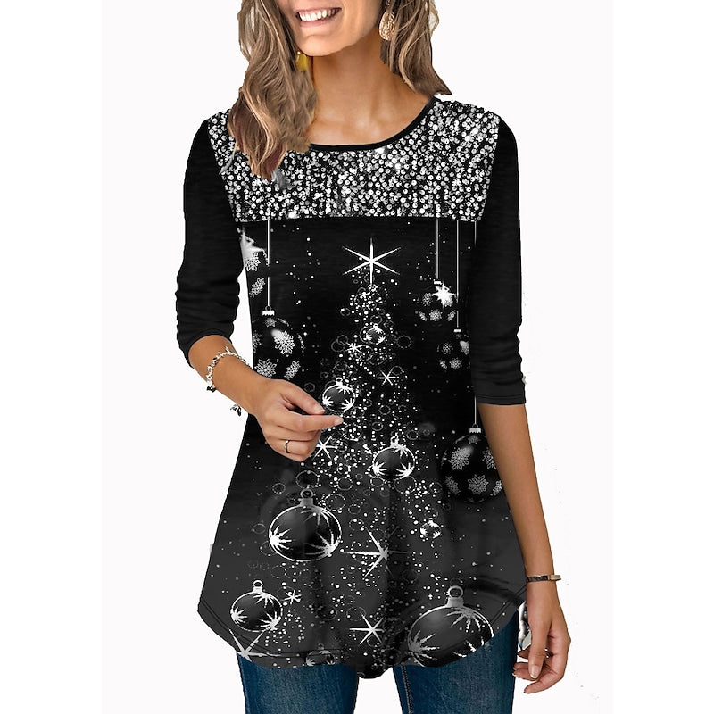 Women's T shirt Tee Tunic Green Black Blue Graphic Christmas Tree Print Long Sleeve Christmas Weekend Christmas Round Neck Long 3D Printed Painting S PC62