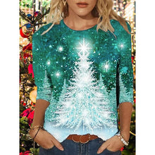 Load image into Gallery viewer, Women&#39;s T shirt Tee Green Black Blue Christmas Tree Print Long Sleeve Christmas Weekend Basic Round Neck Regular Floral Painting S PC105
