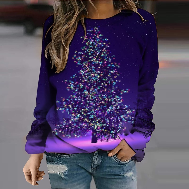 Women's Sweatshirt Pullover Christmas Tree Print Casual Sports 3D Print Active Streetwear Hoodies Sweatshirts Blue Purple Pink PC69