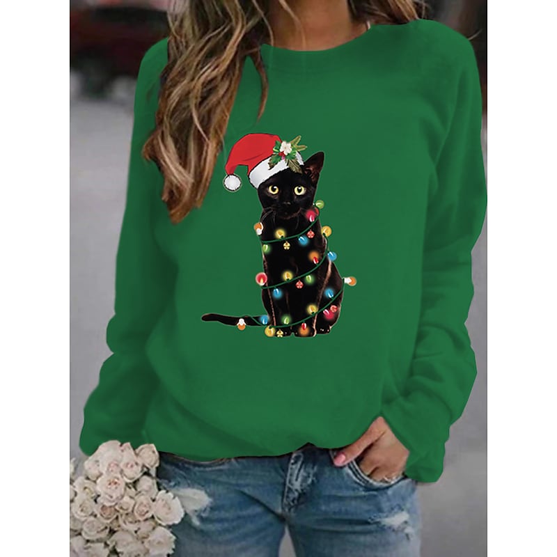 Women's Sweatshirt Pullover Cat Ugly Christmas Print Christmas Christmas Gifts Sports Hot Stamping Streetwear Christmas Hoodies Sweatshirts Blue Black Gray PC80