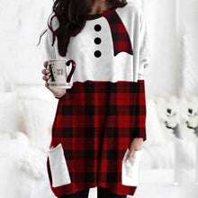 Load image into Gallery viewer, Women&#39;s T shirt Tee Wine Red Plaid Christmas Tree Pocket Print Long Sleeve Christmas Weekend Basic Round Neck Long Painting S PC82
