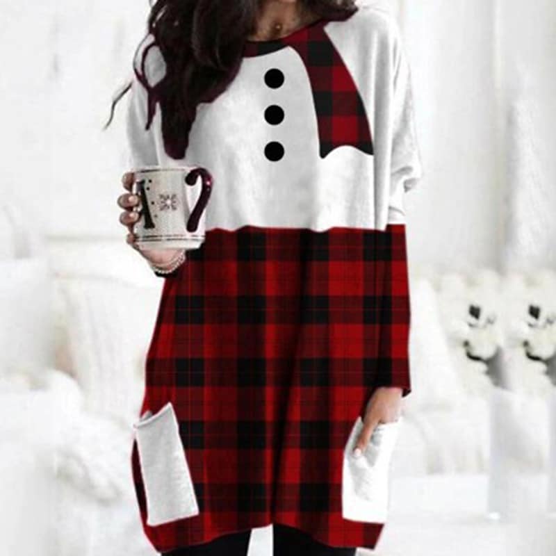 Women's T shirt Tee Wine Red Plaid Christmas Tree Pocket Print Long Sleeve Christmas Weekend Basic Round Neck Long Painting S PC82