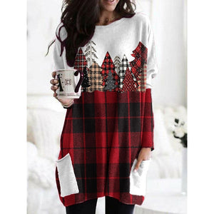 Women's T shirt Tee Wine Red Plaid Christmas Tree Pocket Print Long Sleeve Christmas Weekend Basic Round Neck Long Painting S PC82