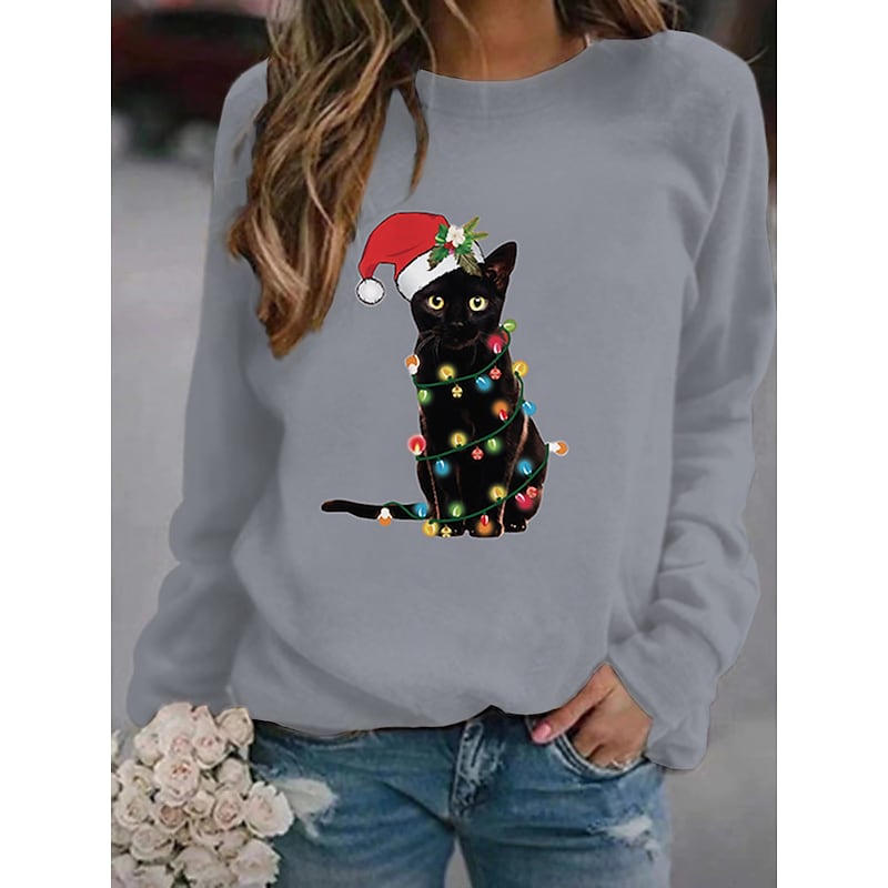 Women's Sweatshirt Pullover Cat Ugly Christmas Print Christmas Christmas Gifts Sports Hot Stamping Streetwear Christmas Hoodies Sweatshirts Blue Black Gray PC80